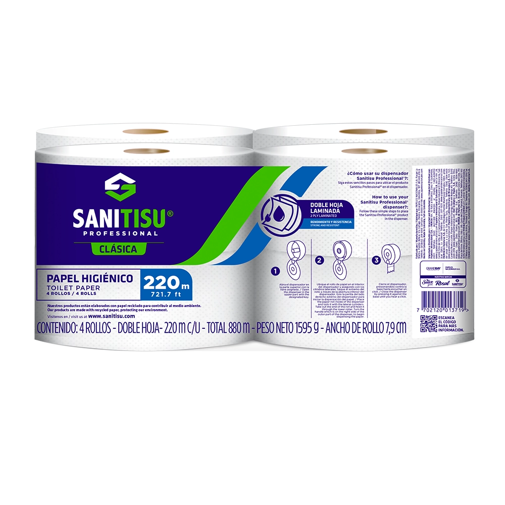 Papel Higiénico Jumbo 220 M Doble Hoja Blanco