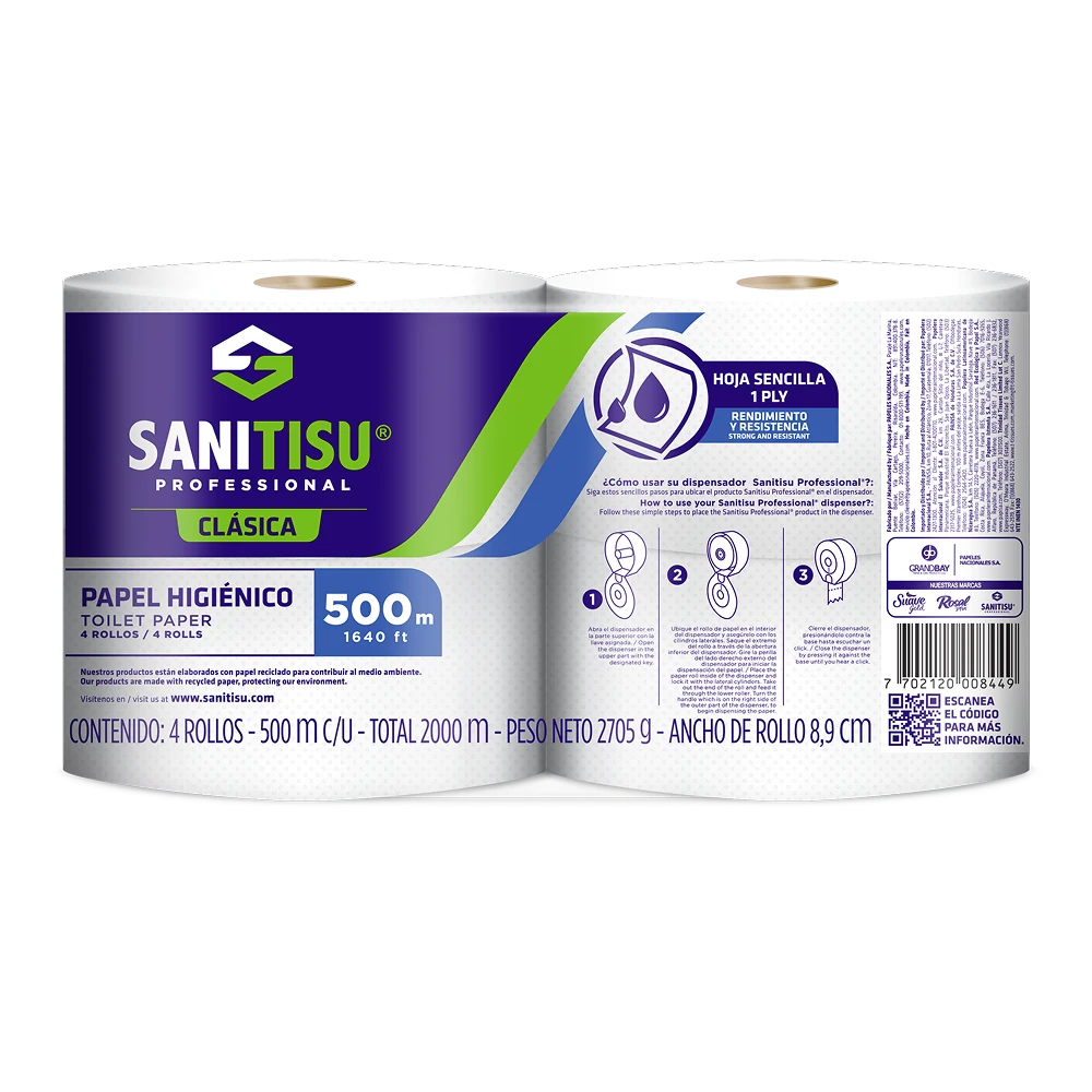 Papel Higiénico Jumbo 500 M Hoja Sencilla Blanco